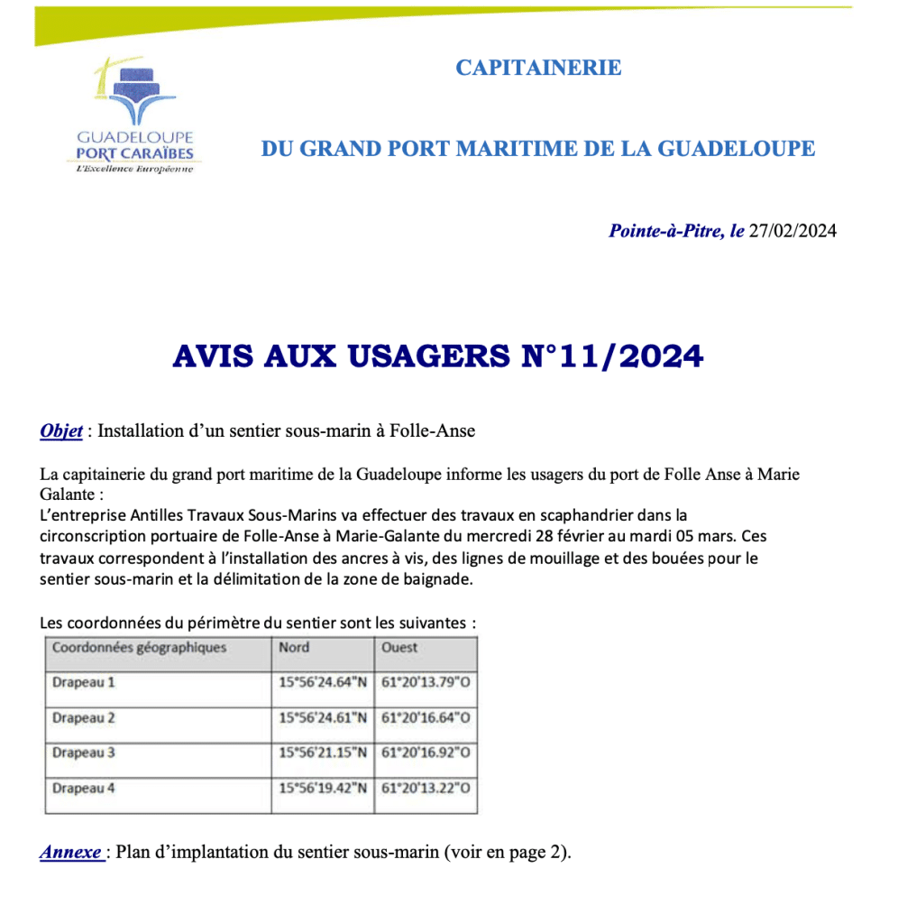 Avis aux usagers N°11/2024 – Installation d’un sentier sous-marin, site Folle Anse à Marie-Galante (27/02/2024)