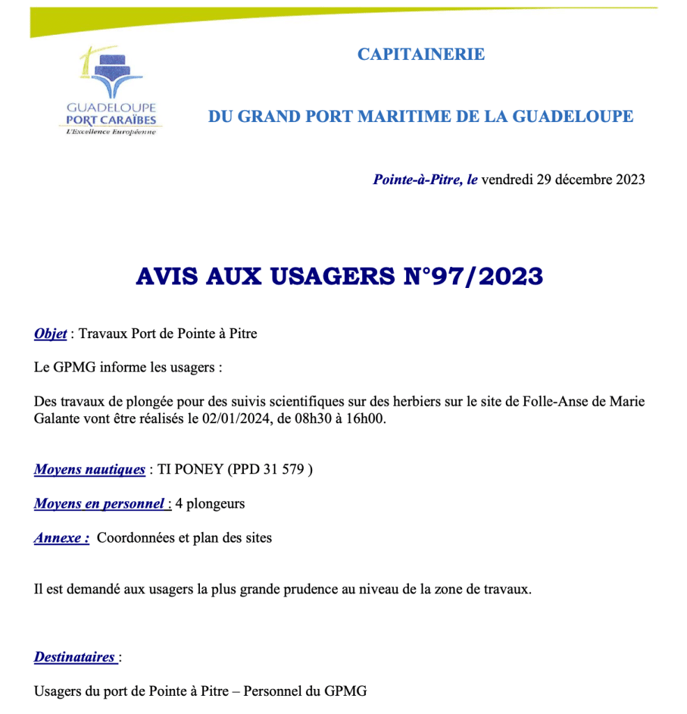 Avis aux usagers N°97/2023 – Suivis scientifiques sur des herbiers de la circonscription portuaire de Folle Anse de Marie-Galante (2/01/2024)