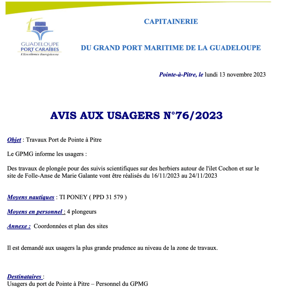 Avis aux usagers N°76-2023- Suivis scientifiques sur des herbiers autour de l’ilet Cochon et sur le site de Folle-Anse de Marie Galante en date du 16/11/2023 et en date du 24/11/2023