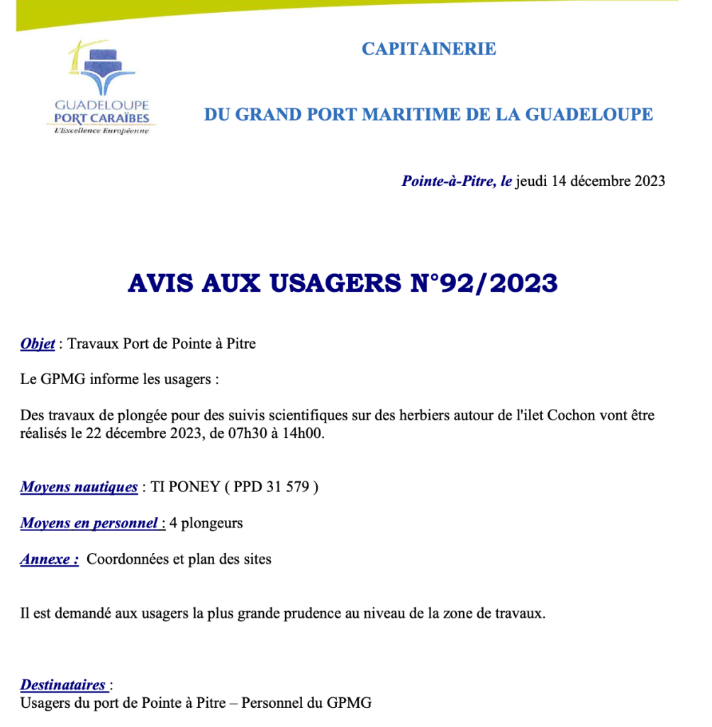 Avis aux usagers N°92/2023 – Suivis scientifique sur les herbiers à l’îlet cochon (22/12/2023)