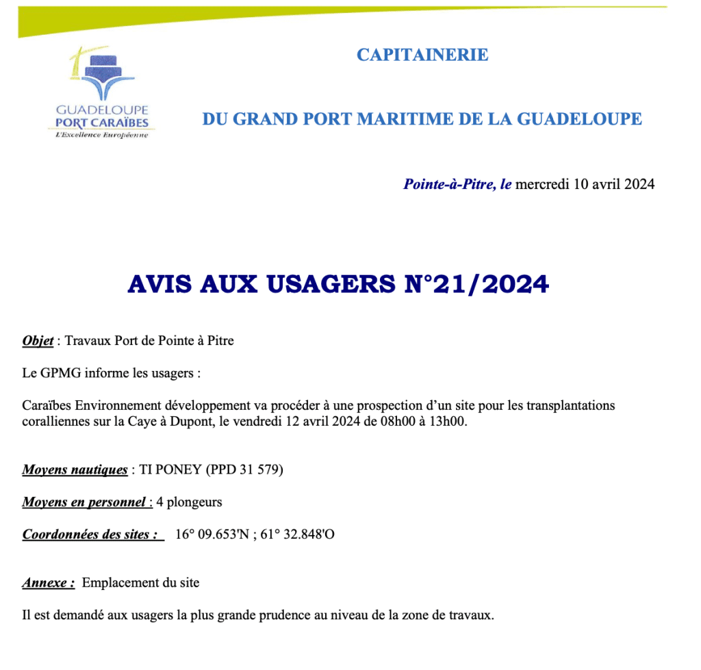 Avis aux usagers N°21/2024 – Prospection d’un site pour les transplantations Corallienne (12/04/2024)